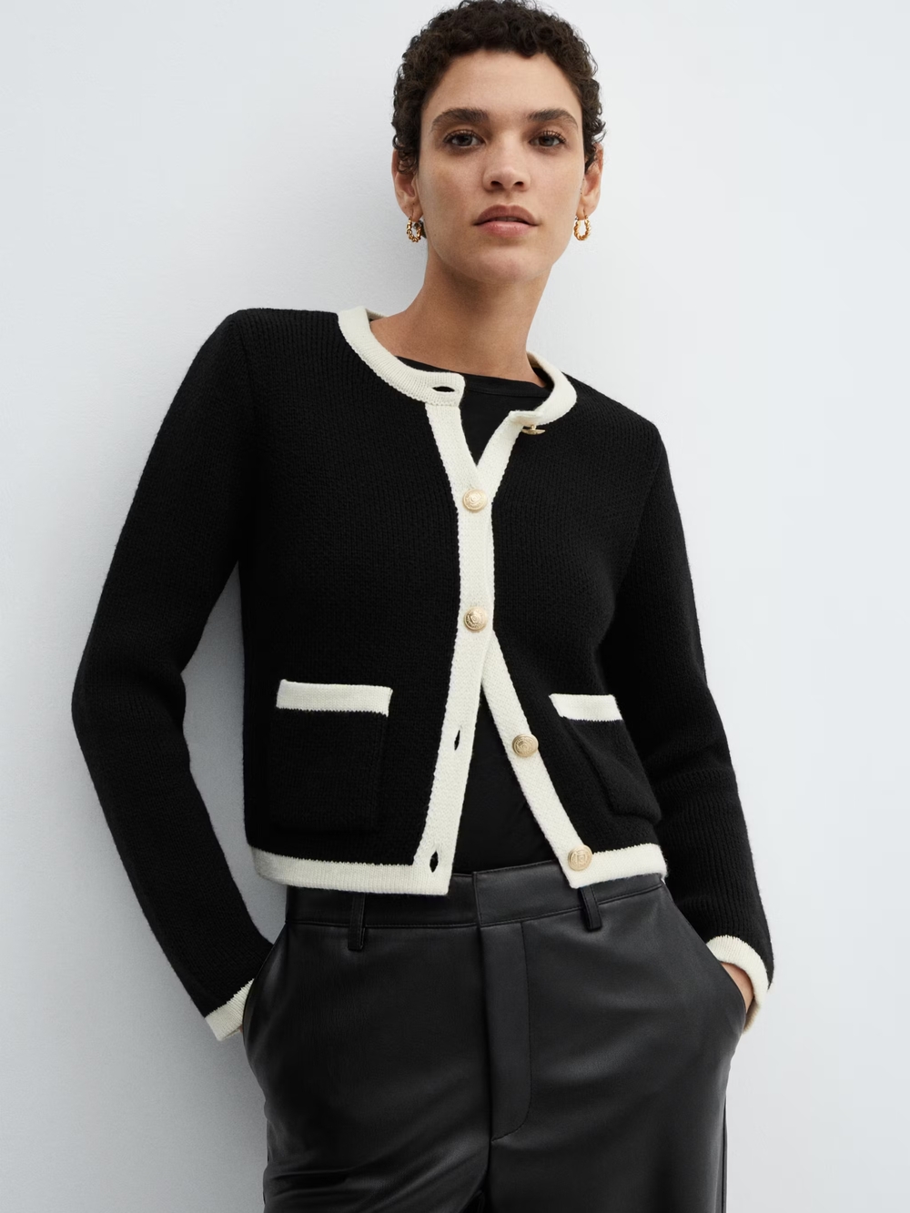 Mango Black Cardigan with Cream Trim and Gold Buttons